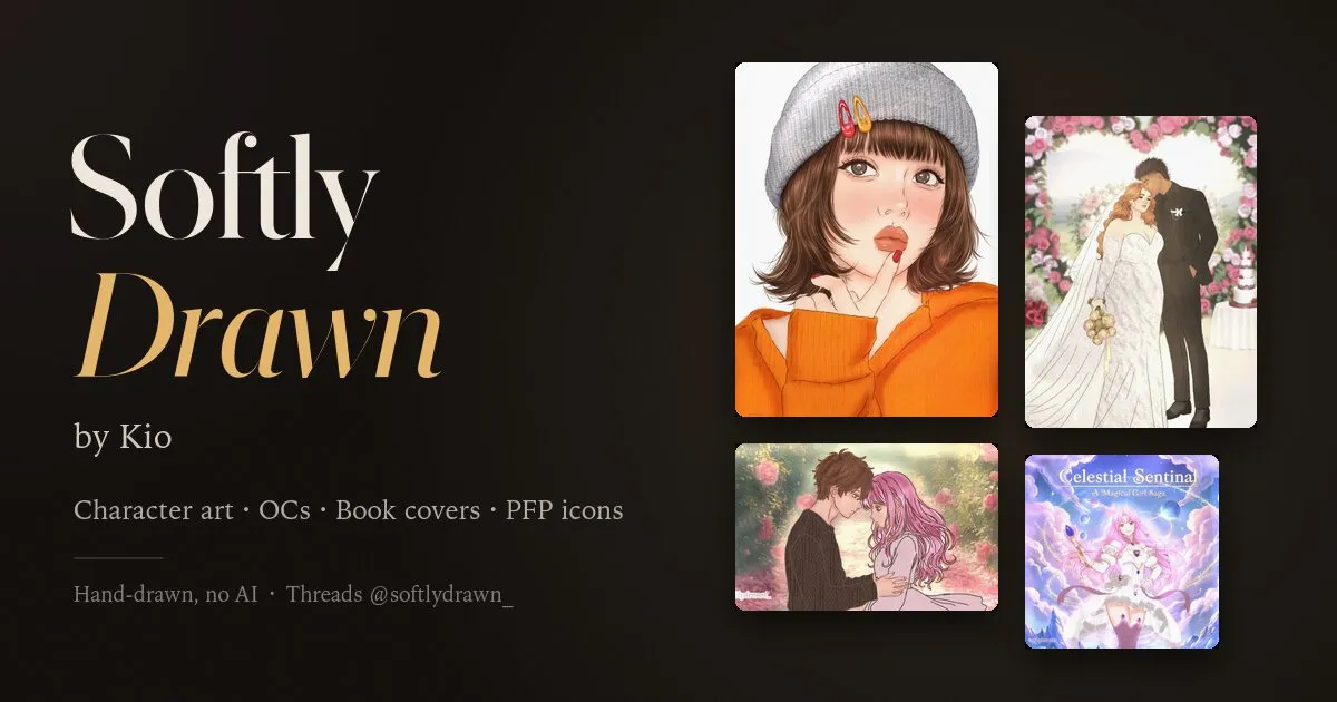 Softly Drawn by Kio social card with four hand-drawn character illustrations.