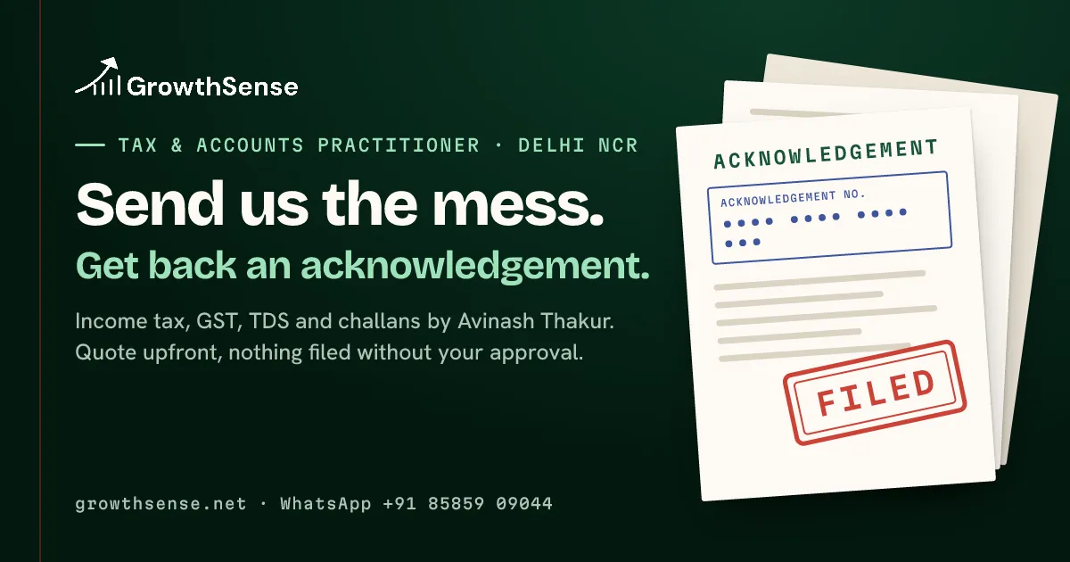 GrowthSense social card: 'Send us the mess. Get back an acknowledgement.' beside a stack of papers stamped FILED.