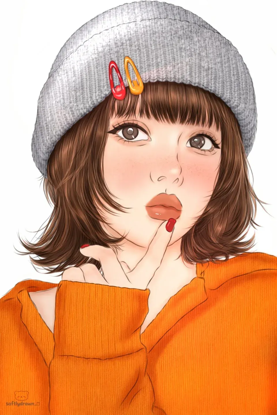 Autumn Beanie: a girl in a grey beanie and orange sweater, finger to her lips
