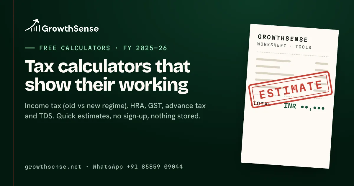 GrowthSense calculators card: 'Tax calculators that show their working' with a worksheet stamped ESTIMATE.