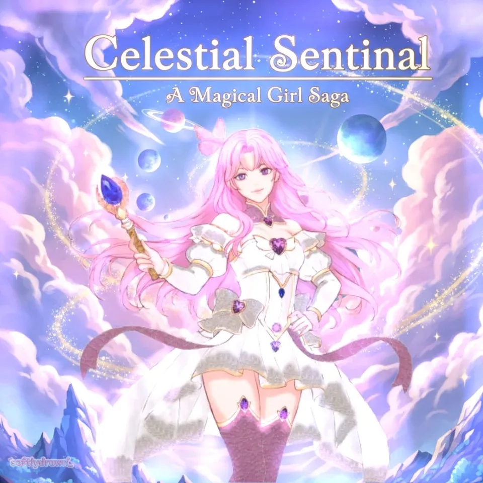 Celestial Sentinel: a book cover with a pink-haired magical girl among clouds